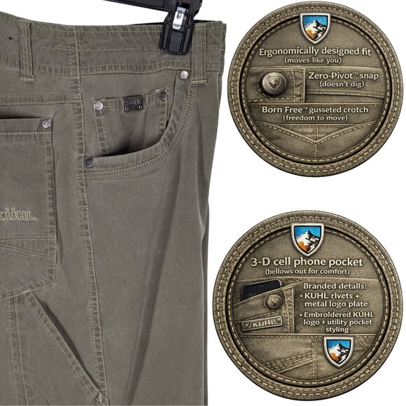 KÜHL REVOLVR Pants Men’s 34x34 Olive Stretch Quick Dry 3D Phone Pocket EUC - Picture 6 of 13